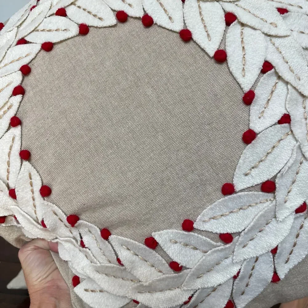 Farmhouse Fabric Wreath Berries Pillow Pair Beige Tan Boho Christmas Holiday
